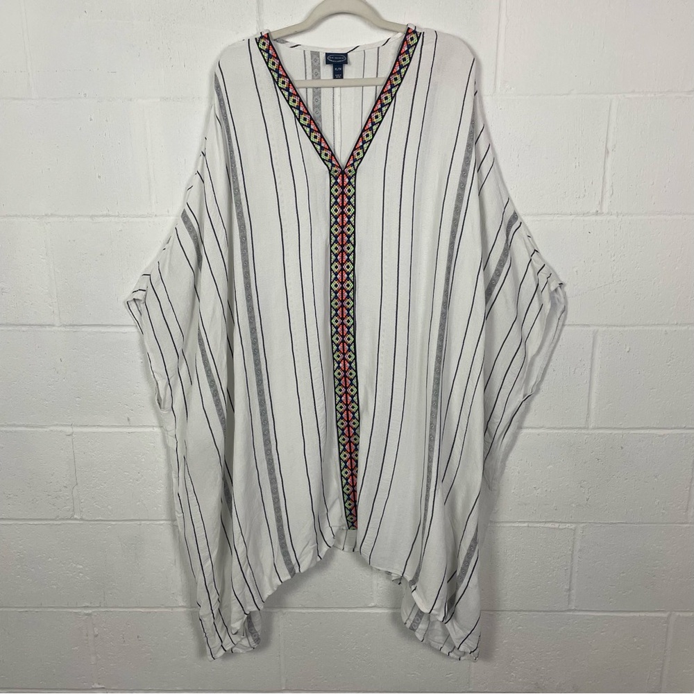 Scoop Caftan White Striped Colorful Embroidery Oversized Bohemian Artsy Fun 1X